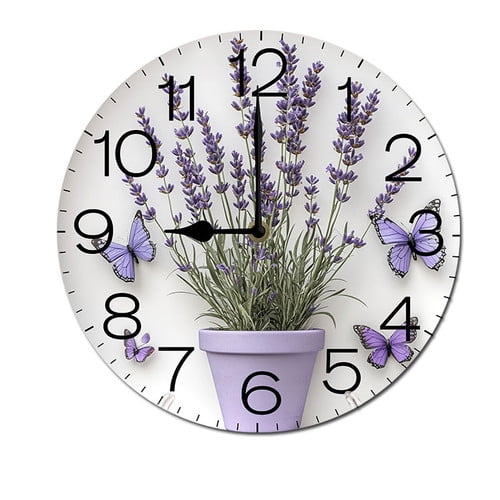 ZXCXRQFa Provenca Lavender Purple Flowers Butterflies Wood Wall Clock Silent Non-Ticking Kitchen Desk Clock Battery Operated Analog Decorative Round Clocks 10 in Garden Home Decor