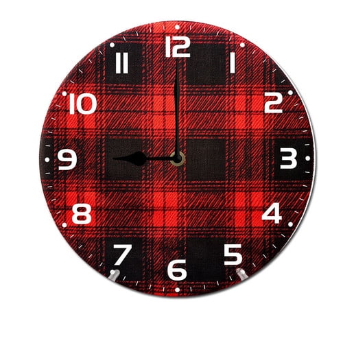 ZXCXRQFa Red Plaid Round Wood Wall Clock, 10 Inch Battery Operated Analog Quiet Desk Clock for Home,Kitchen,Office,School,Bathroom
