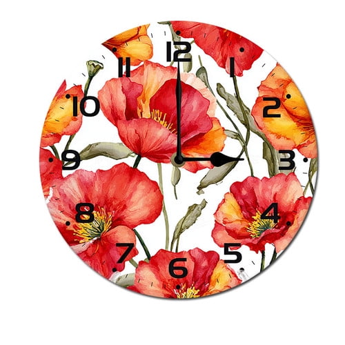 ZXCXRQFa Red Poppy Flowers Wall Clocks for Living Room Decor,Kitchen Clocks Wall Battery Operated - 10 Inch Round Bathroom Wall Clock Silent Non-Ticking