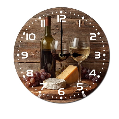 ZXCXRQFa Red Wine Glass Leaf Grapes Round Wall Clock Daisy Silent Non Ticking Wooden Wall Clocks Battery Operated for Home Office School Decor,10 Inch