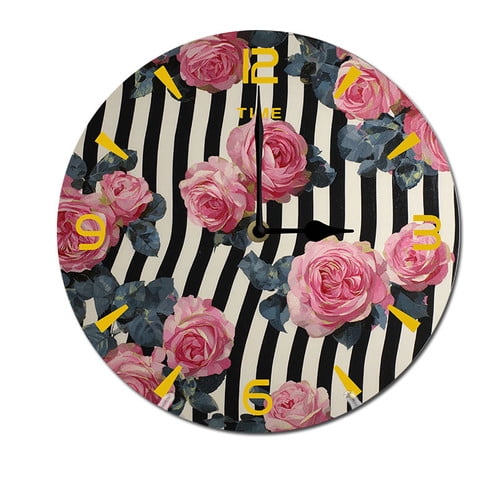 ZXCXRQFa Roses Flower Floral Stripe Wall Clock Art Hanging Clocks Silent Non-Ticking Desk Clock Battery Operated Round Home Style Numeral Decorative Wall Clocks