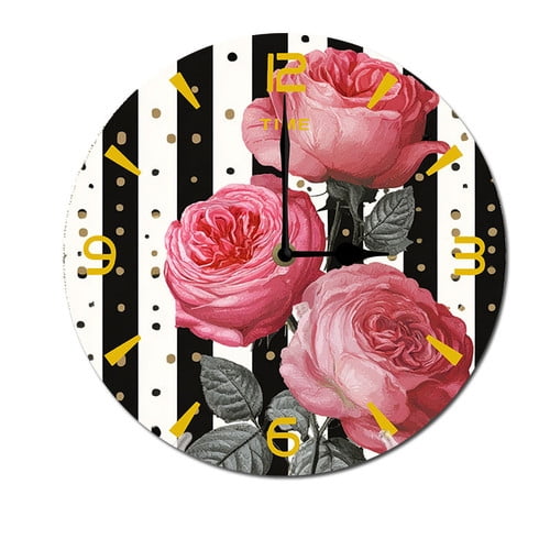 ZXCXRQFa Roses Flower Floral Stripe Wall-Clock for Girls Bedroom Analog Battery Operated 10 Inch - Round Wood Wall Clock Silent Non-Ticking Bathroom Bedroom Decor