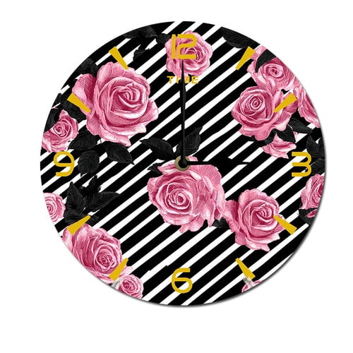 ZXCXRQFa Roses Flower Floral Stripe Wall Clock Silent 10 Inch Battery Operated Non Ticking Round Decorative Wood Quiet Clocks for Bedroom Office School Home