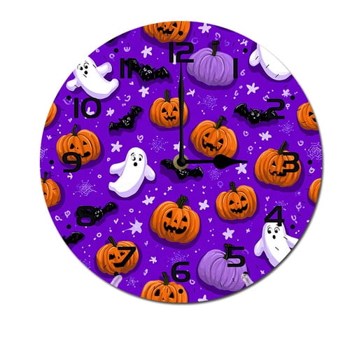 ZXCXRQFa Round Desk Clocks, Halloween Pumpkin Wall Clocks for Living Room Decor,Kitchen Clocks Wall Battery Operated - 10 Inch Round Bathroom Wall Clock Silent Non-Ticking