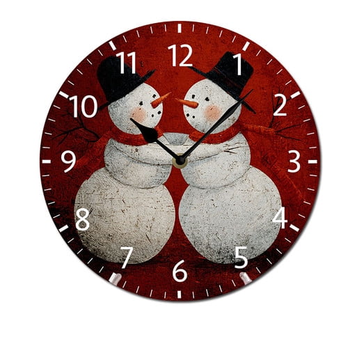 ZXCXRQFa Round Wall Clock Cute Snowman Hug Xmas Holiday 10 Inch Silent Non Ticking Wooden Clock Battery Operated Decor Clocks for Kitchen, Bedroom, Bathroom, Living Room