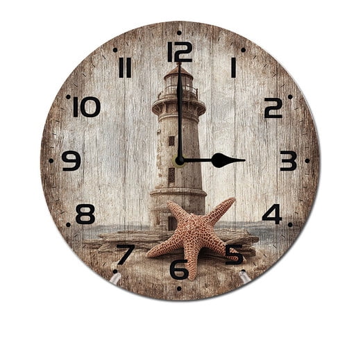 ZXCXRQFa Seagull Seaside Lighthouse Round Wood Wall Clock, 10 Inch Battery Operated Analog Quiet Desk Clock for Home,Kitchen,Office,School,Bathroom