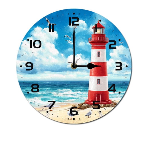 ZXCXRQFa Seagull Seaside Lighthouse Wall Clocks for Living Room Decor,Kitchen Clocks Wall Battery Operated - 10 Inch Round Bathroom Wall Clock Silent Non-Ticking