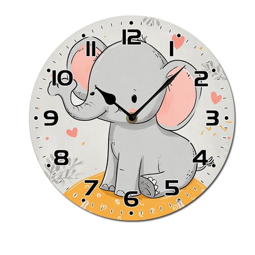 ZXCXRQFa Silent Clocks Cute Baby Elephant Silent Non Ticking Wooden Clock 10 Inch, Round Wall Clock,Decorative for Living Room, Kitchen, Home,Bathroom, Bedroom, Office or School