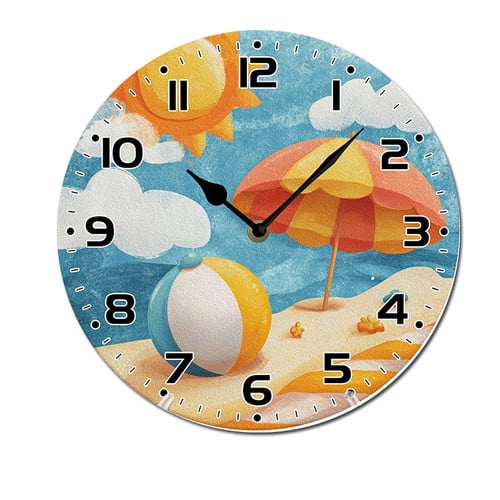 ZXCXRQFa Silent Clocks Cute Beach Themed Summer Wall Clock Art Hanging Clocks Silent Non-Ticking Desk Clock Battery Operated Round Home Style Numeral Decorative Wall Clocks