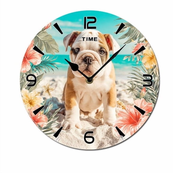 ZXCXRQFa Silent Clocks Cute Bulldog Puppy Beach Style Home Decorative Haning Clock Wall Decor Silent Non Ticking Round Clock for Living Room Kitchen Bedroom Dining Room 10 Inch