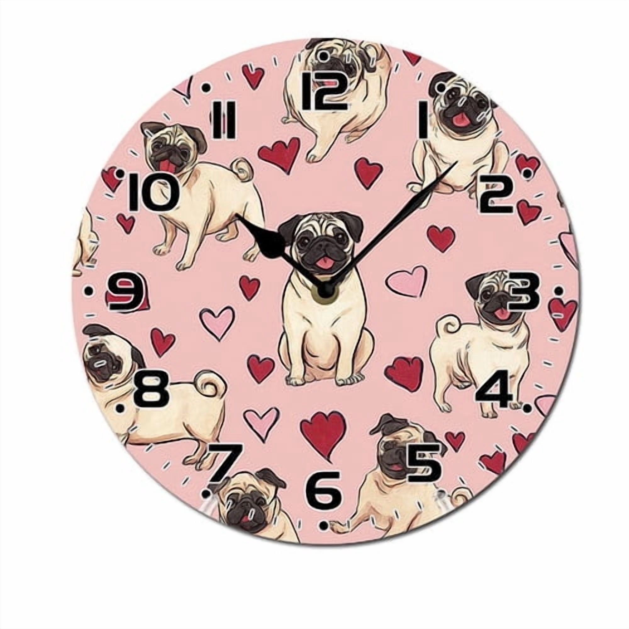 ZXCXRQFa Silent Clocks Cute Pug Themed Clock Home Decor Round Wood 10 Inch Wall Clocks Non Ticking Silent Clock Art for Living Room Kitchen Bedroom Decorative