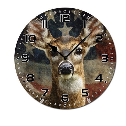 ZXCXRQFa Silent Clocks Flag With Deer Clock Wall Decor Battery Operated Floral Clocks Spring Wall Clocks Round Desk Clock 10 in Non Ticking Analog Bathroom Clocks