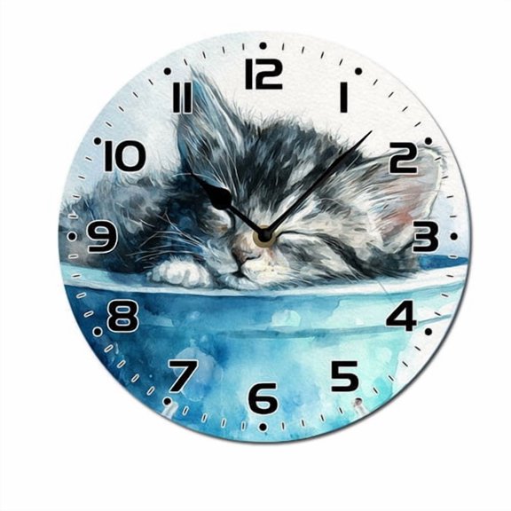 ZXCXRQFa Silent Clocks Funny Cat Watercolor In Bathbub Round Wall Clock Daisy Silent Non Ticking Wooden Wall Clocks Battery Operated for Home Office School Decor,10 Inch