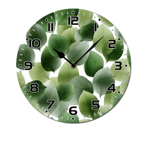 ZXCXRQFa Silent Clocks Green Leaves Pattern Wall Clock Art Hanging Clocks Silent Non-Ticking Desk Clock Battery Operated Round Home Style Numeral Decorative Wall Clocks
