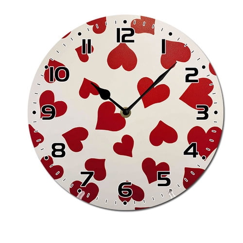 ZXCXRQFa Silent Clocks Heart Holiday Pattern Wooden Silent Non-Ticking 10 Inch Round Clocks Battery Operated Analog for Living Room Kitchen Bedroom Bathroom Office Home School Decor