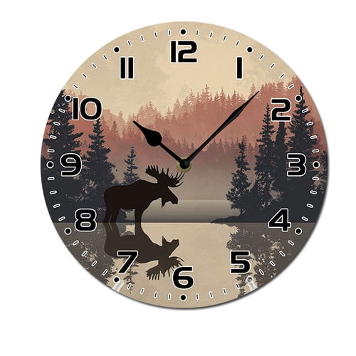 ZXCXRQFa Silent Clocks Moose In Forest Lake Wall Clock Battery Operated Non Ticking Silent Analog Rustic Farmhouse Round Clock Wood Decor for Home Kitchen Living Room Bathroom