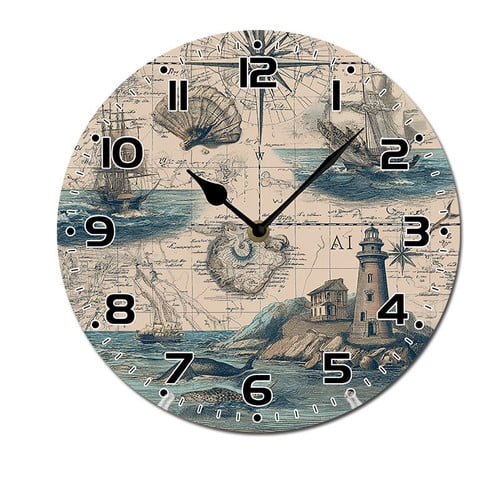 ZXCXRQFa Silent Clocks Nautical Compass Lighthouse Shell Kitchen Home 10 Inch Silent Vintage Design Round Wall Clock Numerals Design Non Ticking Retro Clocks Home Decor Desk Clock