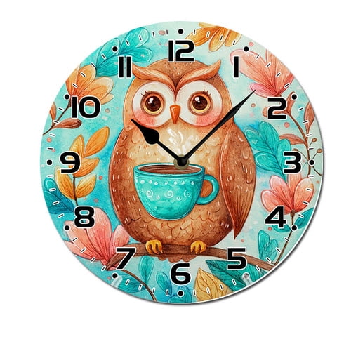 ZXCXRQFa Silent Clocks Owl Drinking Coffee 10" Retro Vintage Clock Non-Ticking Silent Wood Wall Clocks Battery Operated Decor Retro Design for Kitchen/Living Room/Bedroom/Farmhouse