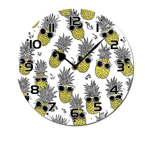 ZXCXRQFa Silent Clocks Summer Pineapple Fruit Wall Clock Silent 10 Inch Round Decorative Battery Operated Non Ticking Wood Quiet Clocks for Bedroom Office School Home