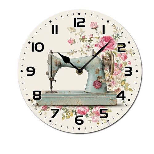 ZXCXRQFa Silent Clocks Vintage Sewing Machine Roses Theme Battery Operated Silent Wall Clock Decor for Home, Kitchen, Living Room, Office, Bedroom, or Bathroom (10 Inch）