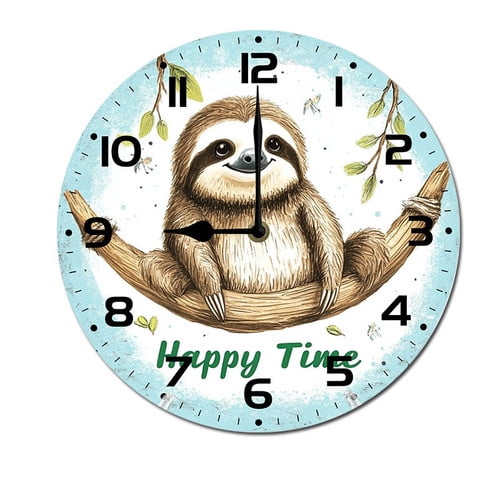 ZXCXRQFa Sloth Tree Climbing Happy Time Round Wood Wall Clock, 10 Inch Battery Operated Analog Quiet Desk Clock for Home,Kitchen,Office,School,Bathroom