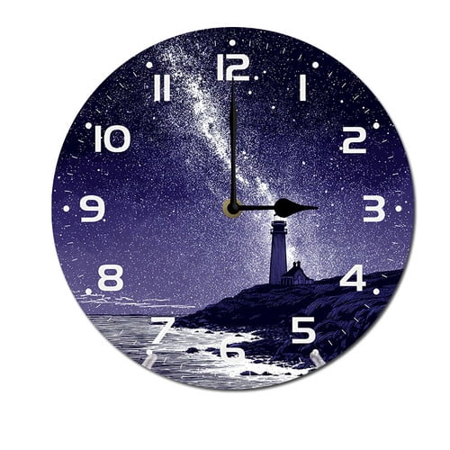 ZXCXRQFa Starry Night Lighthouse Wall Clock Silent 10 Inch Round Decorative Battery Operated Non Ticking Wood Quiet Clocks for Bedroom Office School Home