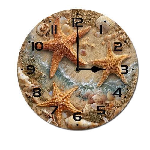 Shell Clcok ZXCXRQFa Summer Sandy Beach Shells Starfish Silent Non Ticking Wooden ...