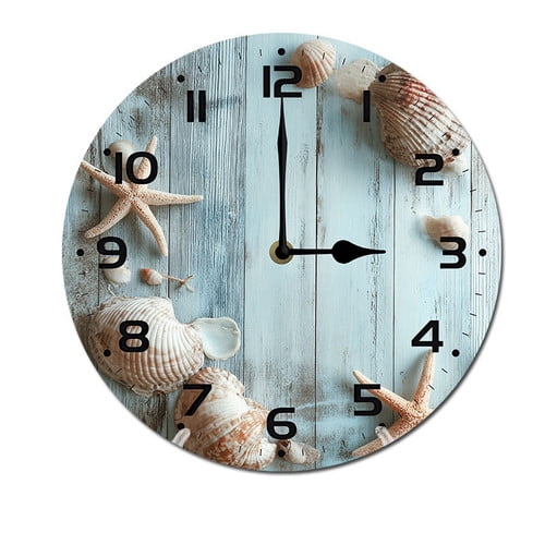 ZXCXRQFa Summer Sandy Beach Shells Starfish Wall-Clock for Girls Bedroom Analog Battery Operated 10 Inch - Round Wood Wall Clock Silent Non-Ticking Bathroom Bedroom Decor
