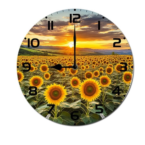 ZXCXRQFa Sunflower Field Sunset Wall Clock Silent 10 Inch Round Decorative Battery Operated Non Ticking Wood Quiet Clocks for Bedroom Office School Home