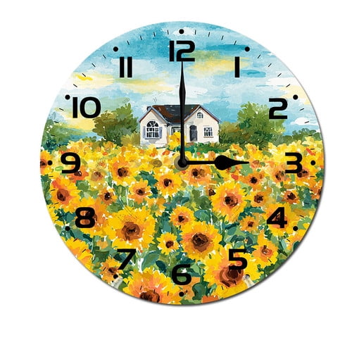 ZXCXRQFa Sunflowers Houses Yellow Flower Clock Home Decor Round Wood 10 Inch Wall Clocks Non Ticking Silent Clock Art for Living Room Kitchen Bedroom Decorative