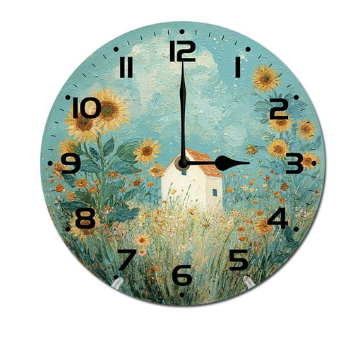 ZXCXRQFa Sunflowers Houses Yellow Flower Wall Clock Battery Operated Non Ticking Silent Analog Rustic Farmhouse Round Clock Wood Decor for Home Kitchen Living Room Bathroom
