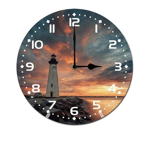 ZXCXRQFa Sunset Behind The Lighthouse Silent Wall Clock for Bathroom Indoor Decoration No Ticking 10 Inch Round Small Clock for Hospital Classroom Home Living Room