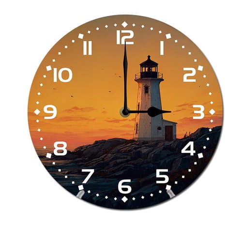 ZXCXRQFa Sunset Behind The Lighthouse Wall Clock Art Hanging Clocks Silent Non-Ticking Desk Clock Battery Operated Round Home Style Numeral Decorative Wall Clocks