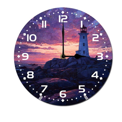 ZXCXRQFa Sunset Behind The Lighthouse Wall Clock Silent 10 Inch Battery Operated Non Ticking Round Decorative Wood Quiet Clocks for Bedroom Office School Home