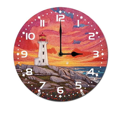 ZXCXRQFa Sunset Behind The Lighthouse Wall Clock Silent 10 Inch Round Decorative Battery Operated Non Ticking Wood Quiet Clocks for Bedroom Office School Home
