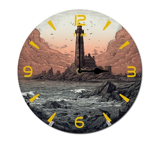 ZXCXRQFa Sunset Behind The Lighthouse Round Wood Wall Clock, 10 Inch Battery Operated Analog Quiet Desk Clock for Home,Kitchen,Office,School,Bathroom