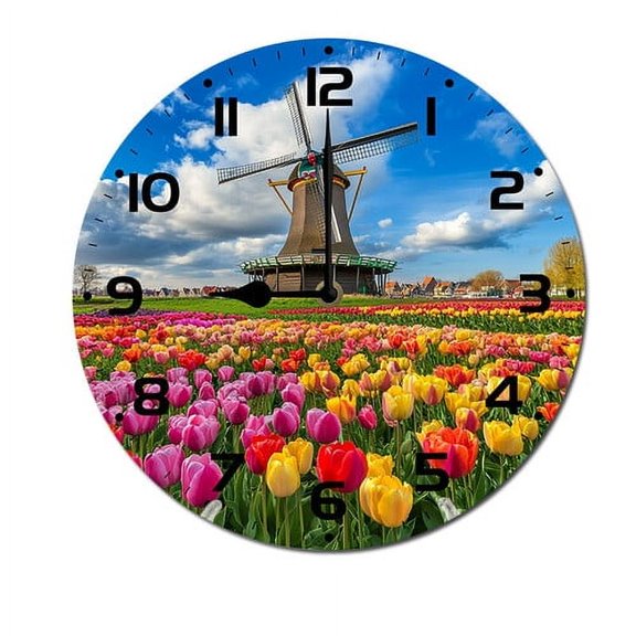 ZXCXRQFa Tulip Flowers Windmill Silent Non Ticking Round Wood Wall Clocks Battery Operated Easy to Read 10 Inch Decorative Home Decor for Living Room,Bedroom,Kids Room