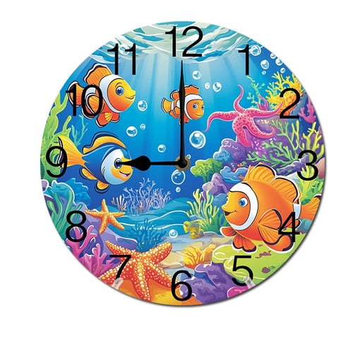 ZXCXRQFa Underwater Life Fish Algae Coral Reef Shark Starfish Round Wood Wall Clock, 10 Inch Battery Operated Analog Quiet Desk Clock for Home,Kitchen,Office,School,Bathroom