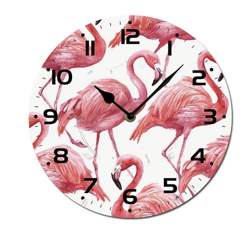 ZXCXRQFa Wall Clock Cartoon Red Flamingo Pattern Wooden Holiday Desk Kitchen Decor Decorative Battery Operated Clocks for Living Room Bedroom Bathroom Farmhouse Round 10"