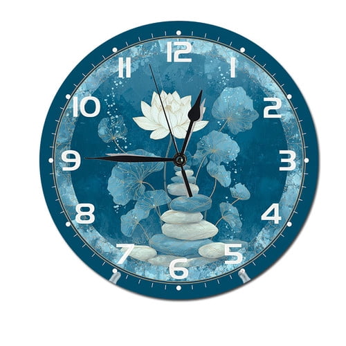 ZXCXRQFa Water Flower Zen Stone Natural Round Wall Clock Daisy Silent Non Ticking PVC Wall Clocks Battery Operated for Home Office School Decor,10 Inch