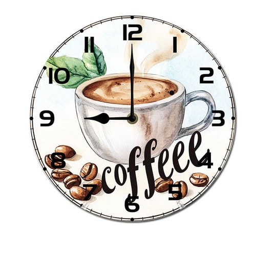 ZXCXRQFa Watercolor Coffee Round Wall Clock Daisy Silent Non Ticking Wooden Wall Clocks Battery Operated for Home Office School Decor,10 Inch
