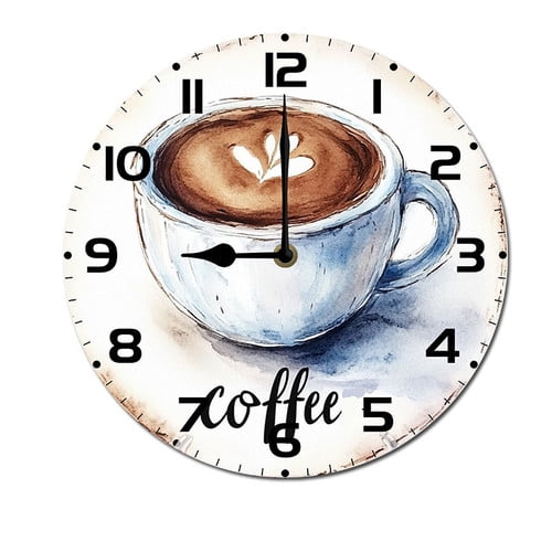 ZXCXRQFa Watercolor Coffee Wall Clocks for Living Room Decor,Kitchen Clocks Wall Battery Operated - 10 Inch Round Bathroom Wall Clock Silent Non-Ticking