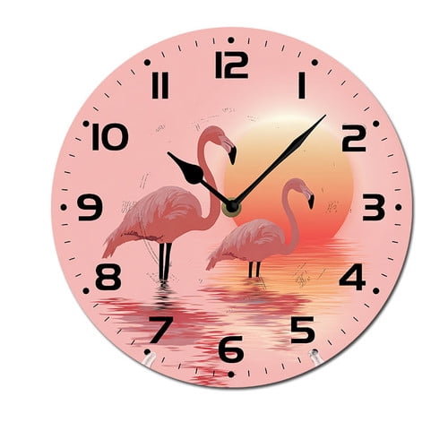 ZXCXRQFa Watercolor Flamingos Sunset Wooden Silent Non-Ticking 10 Inch Round Clocks Battery Operated Analog for Living Room Kitchen Bedroom Bathroom Office Home School Decor