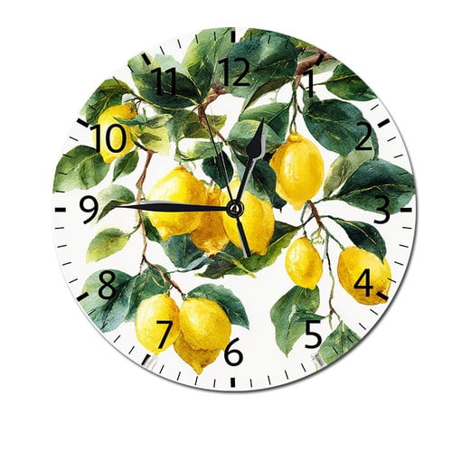 ZXCXRQFa Watercolor Lemon Citrus Fruit On A Branch Wall Clock Silent 10 Inch Round Decorative Battery Operated Non Ticking PVC Quiet Clocks for Bedroom Office School Home