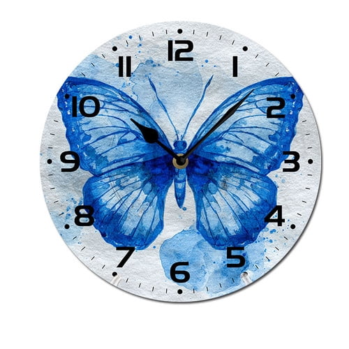 ZXCXRQFa White Blue Butterfly Clock Home Decor Round Wood 10 Inch Wall Clocks Non Ticking Silent Clock Art for Living Room Kitchen Bedroom Decorative