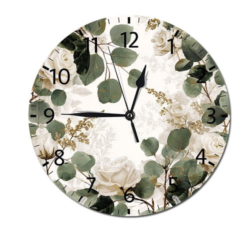 ZXCXRQFa White Flowers Rose Peony Leaves Wall-Clock for Girls Bedroom Analog Battery Operated 10 Inch - Round PVC Wall Clock Silent Non-Ticking Bathroom Bedroom Decor