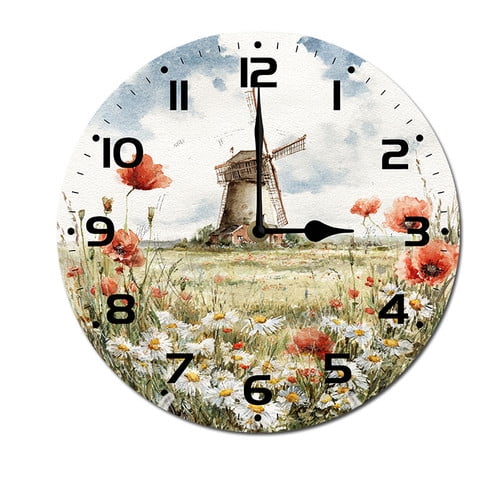 ZXCXRQFa Wildflower Windmill Silent Wall Clocks for Living Room Kitchen Decor Bathroom Farmhouse Non Ticking Decorative Clock 10-Inch Round Clocks