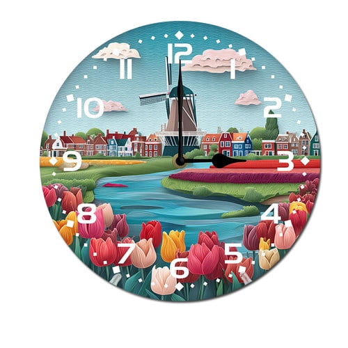 ZXCXRQFa Windmills Tulip Flowers Kitchen Home 10 Inch Silent Vintage Design Round Wall Clock Numerals Design Non Ticking Retro Clocks Home Decor Desk Clock