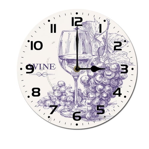 ZXCXRQFa Wine Cup With Grapes Wall Clock Silent 10 Inch Round Decorative Battery Operated Non Ticking Wood Quiet Clocks for Bedroom Office School Home