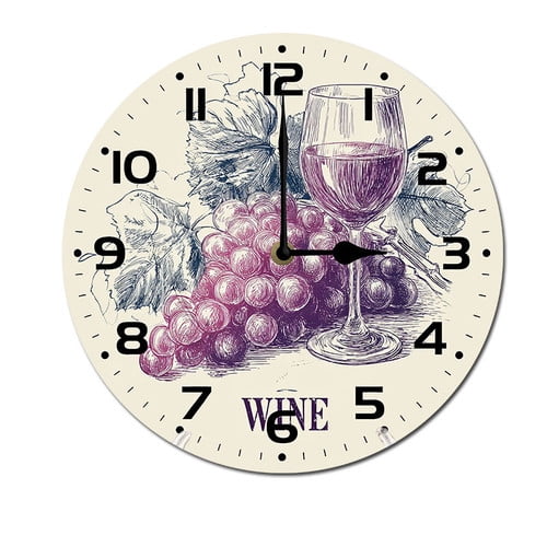 ZXCXRQFa Wine Cup With Grapes Clock Home Decor Round Wood 10 Inch Wall Clocks Non Ticking Silent Clock Art for Living Room Kitchen Bedroom Decorative